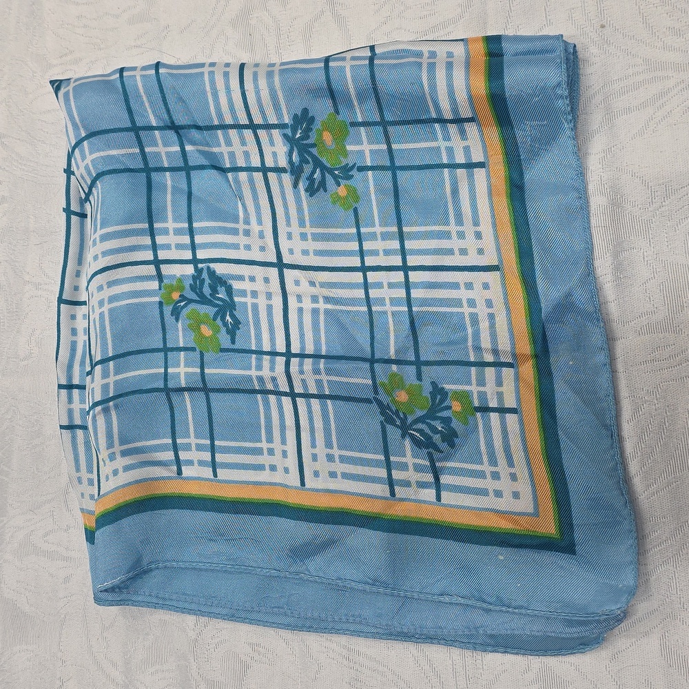 🔥 Vintage Sky Blue Plaid & Floral Square Scarf - Retro - AS IS